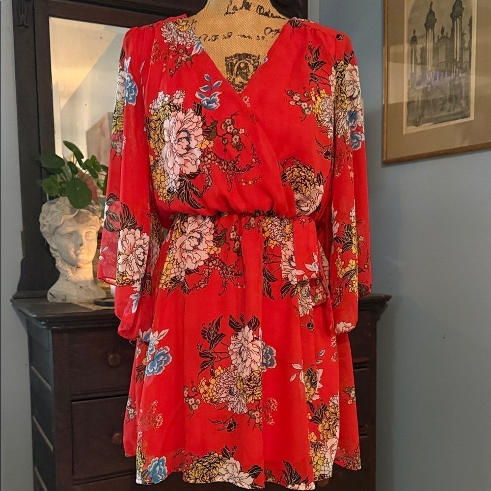 Bailey Blue Red Multicolor Floral Print Faux Wrap Dress Dress